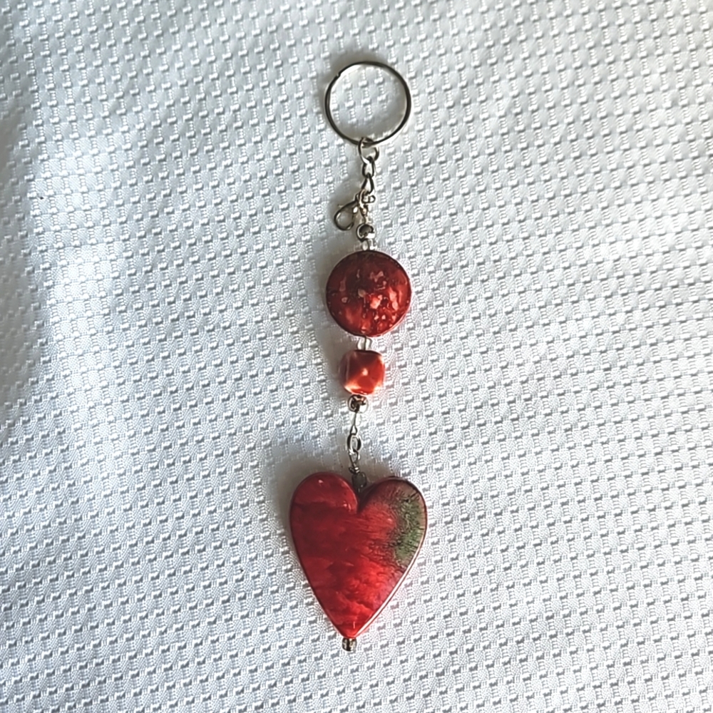 Hand Crafted Red and Green Heart Charm Keychain